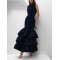 Layered Pleated Solid Color Split-Joint Zipper Bodycon High Waisted Round-Neck Maxi Dresses
