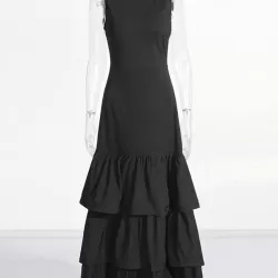 Layered Pleated Solid Color Split-Joint Zipper Bodycon High Waisted Round-Neck Maxi Dresses