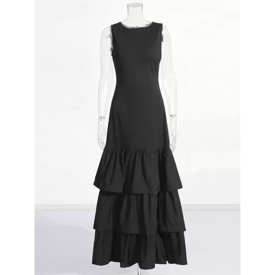 Layered Pleated Solid Color Split-Joint Zipper Bodycon High Waisted Round-Neck Maxi Dresses Layered Pleated Solid Color Split-Joint Zipper Bodycon High Waisted Round-Neck Maxi Dresses