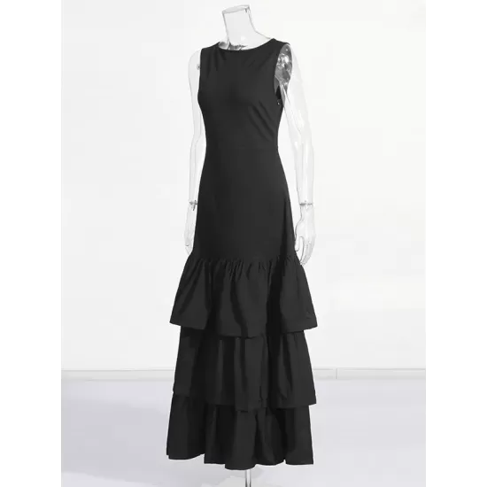 Layered Pleated Solid Color Split-Joint Zipper Bodycon High Waisted Round-Neck Maxi Dresses Layered Pleated Solid Color Split-Joint Zipper Bodycon High Waisted Round-Neck Maxi Dresses