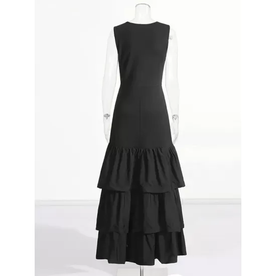 Layered Pleated Solid Color Split-Joint Zipper Bodycon High Waisted Round-Neck Maxi Dresses Layered Pleated Solid Color Split-Joint Zipper Bodycon High Waisted Round-Neck Maxi Dresses