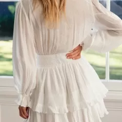 Solid Color Falbala Split-Joint Puff Sleeves Mini Dress