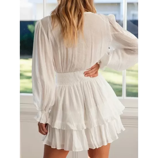Solid Color Falbala Split-Joint Puff Sleeves Mini Dress Solid Color Falbala Split-Joint Puff Sleeves Mini Dress