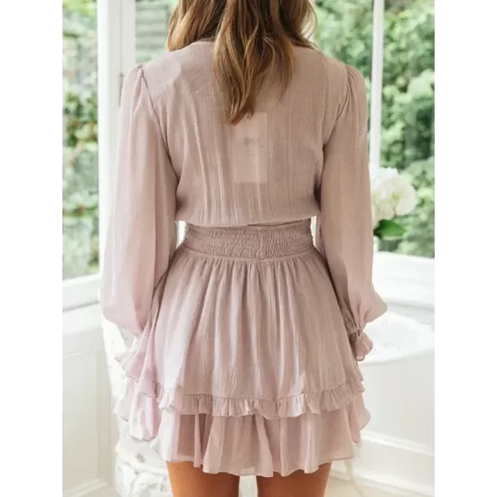 Solid Color Falbala Split-Joint Puff Sleeves Mini Dress Solid Color Falbala Split-Joint Puff Sleeves Mini Dress