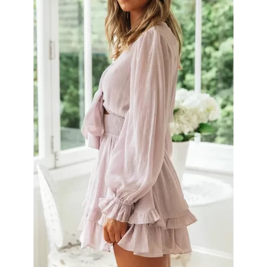 Solid Color Falbala Split-Joint Puff Sleeves Mini Dress Solid Color Falbala Split-Joint Puff Sleeves Mini Dress