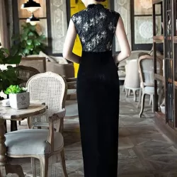 Black Velvet Lace Long Cheongsam Dress