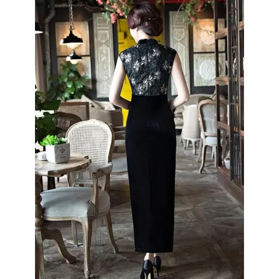 Black Velvet Lace Long Cheongsam Dress Black Velvet Lace Long Cheongsam Dress