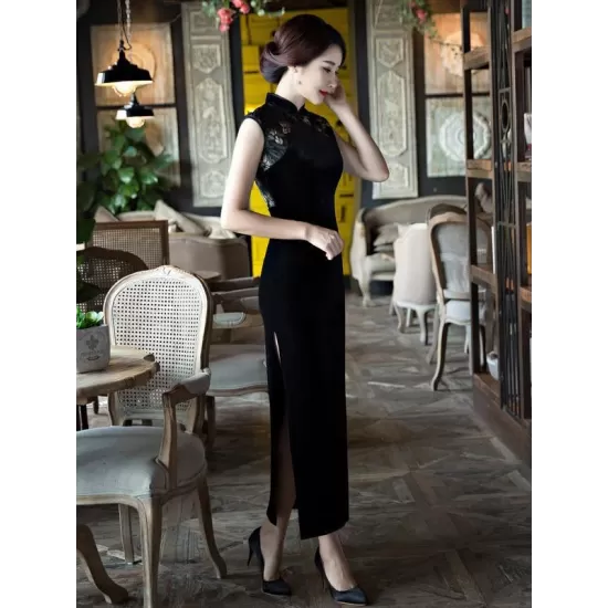 Black Velvet Lace Long Cheongsam Dress Black Velvet Lace Long Cheongsam Dress