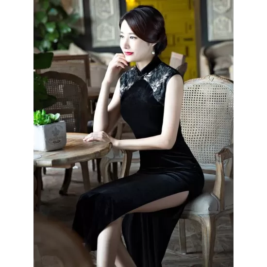 Black Velvet Lace Long Cheongsam Dress Black Velvet Lace Long Cheongsam Dress