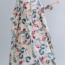 Casual Floral Printed Split-Joint Round-Neck Flared Batwing Sleeves Loose Maxi Dress