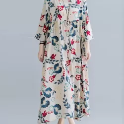 Casual Floral Printed Split-Joint Round-Neck Flared Batwing Sleeves Loose Maxi Dress