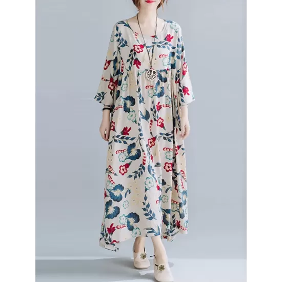 Casual Floral Printed Split-Joint Round-Neck Flared Batwing Sleeves Loose Maxi Dress Casual Floral Printed Split-Joint Round-Neck Flared Batwing Sleeves Loose Maxi Dress