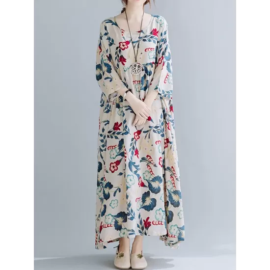 Casual Floral Printed Split-Joint Round-Neck Flared Batwing Sleeves Loose Maxi Dress Casual Floral Printed Split-Joint Round-Neck Flared Batwing Sleeves Loose Maxi Dress