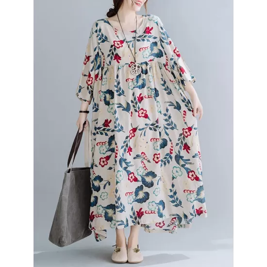Casual Floral Printed Split-Joint Round-Neck Flared Batwing Sleeves Loose Maxi Dress Casual Floral Printed Split-Joint Round-Neck Flared Batwing Sleeves Loose Maxi Dress