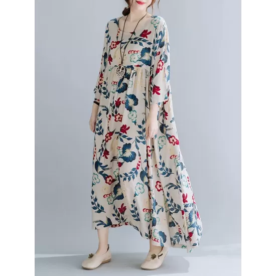 Casual Floral Printed Split-Joint Round-Neck Flared Batwing Sleeves Loose Maxi Dress Casual Floral Printed Split-Joint Round-Neck Flared Batwing Sleeves Loose Maxi Dress