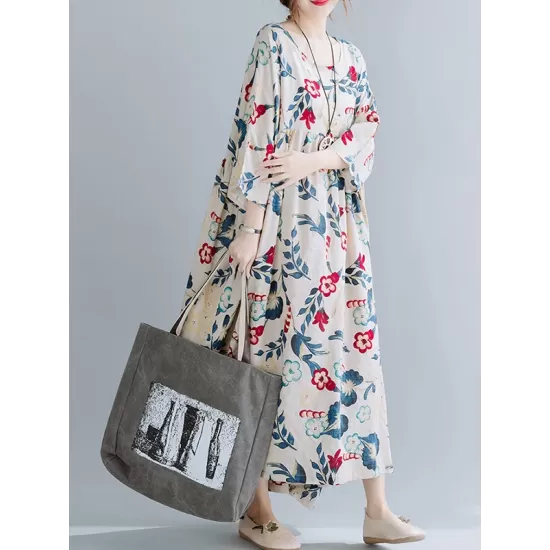 Casual Floral Printed Split-Joint Round-Neck Flared Batwing Sleeves Loose Maxi Dress Casual Floral Printed Split-Joint Round-Neck Flared Batwing Sleeves Loose Maxi Dress