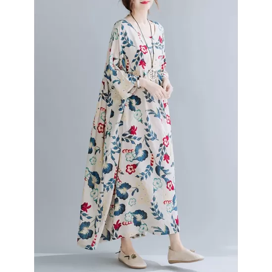 Casual Floral Printed Split-Joint Round-Neck Flared Batwing Sleeves Loose Maxi Dress Casual Floral Printed Split-Joint Round-Neck Flared Batwing Sleeves Loose Maxi Dress