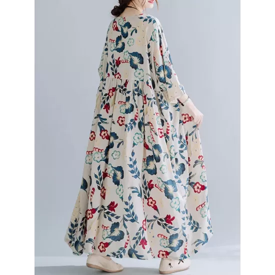 Casual Floral Printed Split-Joint Round-Neck Flared Batwing Sleeves Loose Maxi Dress Casual Floral Printed Split-Joint Round-Neck Flared Batwing Sleeves Loose Maxi Dress