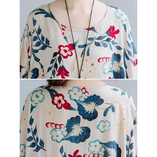 Casual Floral Printed Split-Joint Round-Neck Flared Batwing Sleeves Loose Maxi Dress Casual Floral Printed Split-Joint Round-Neck Flared Batwing Sleeves Loose Maxi Dress