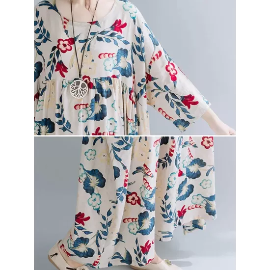 Casual Floral Printed Split-Joint Round-Neck Flared Batwing Sleeves Loose Maxi Dress Casual Floral Printed Split-Joint Round-Neck Flared Batwing Sleeves Loose Maxi Dress