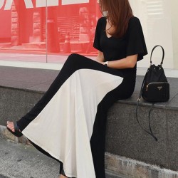 Black&White Split-joint V-neck Long Dress