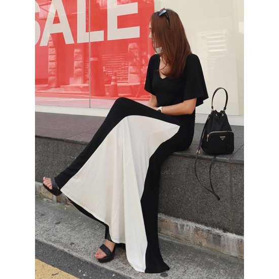 Black&White Split-joint V-neck Long Dress Black&White Split-joint V-neck Long Dress