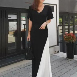 Black&White Split-joint V-neck Long Dress