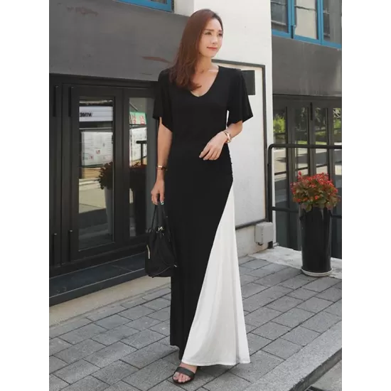 Black&White Split-joint V-neck Long Dress Black&White Split-joint V-neck Long Dress
