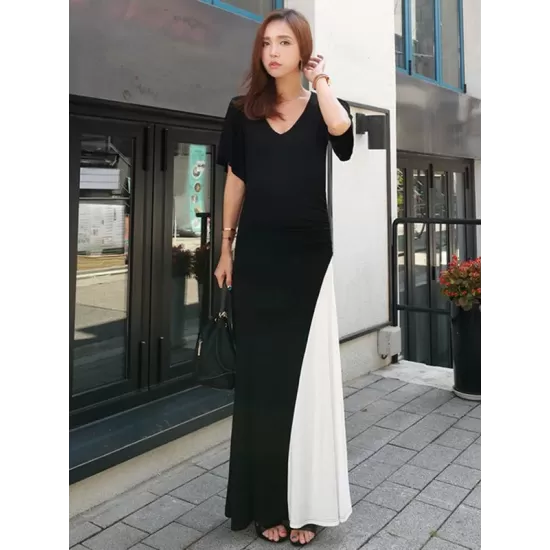 Black&White Split-joint V-neck Long Dress Black&White Split-joint V-neck Long Dress