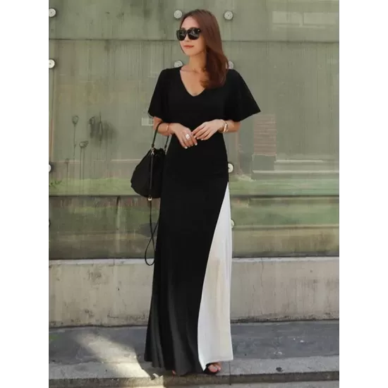 Black&White Split-joint V-neck Long Dress Black&White Split-joint V-neck Long Dress