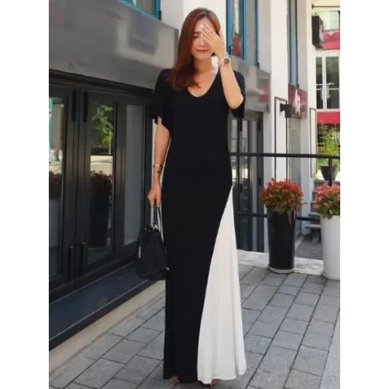 Black&White Split-joint V-neck Long Dress Black&White Split-joint V-neck Long Dress