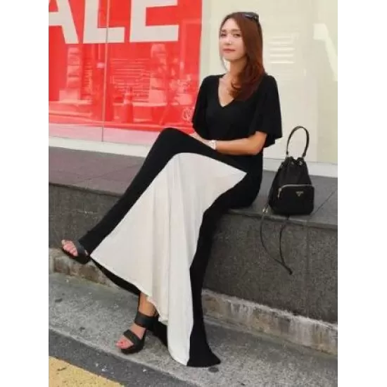 Black&White Split-joint V-neck Long Dress Black&White Split-joint V-neck Long Dress