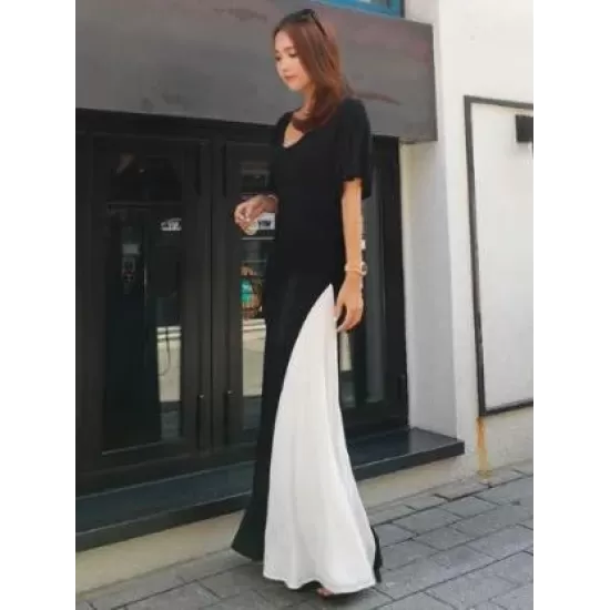 Black&White Split-joint V-neck Long Dress Black&White Split-joint V-neck Long Dress