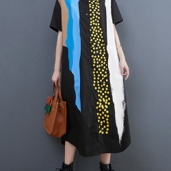 Artistic Retro Short Sleeves Loose Contrast Color Polka-Dot Lapel Collar Midi Shirt Dress