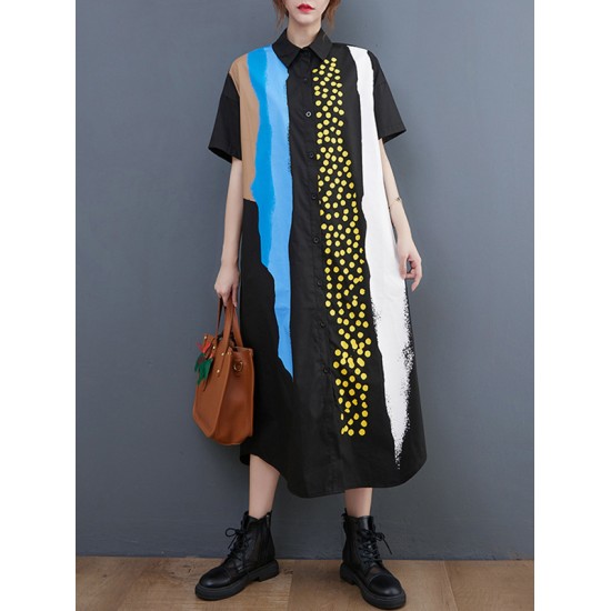 Artistic Retro Short Sleeves Loose Contrast Color Polka-Dot Lapel Collar Midi Shirt Dress Artistic Retro Short Sleeves Loose Contrast Color Polka-Dot Lapel Collar Midi Shirt Dress