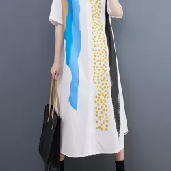 Artistic Retro Short Sleeves Loose Contrast Color Polka-Dot Lapel Collar Midi Shirt Dress