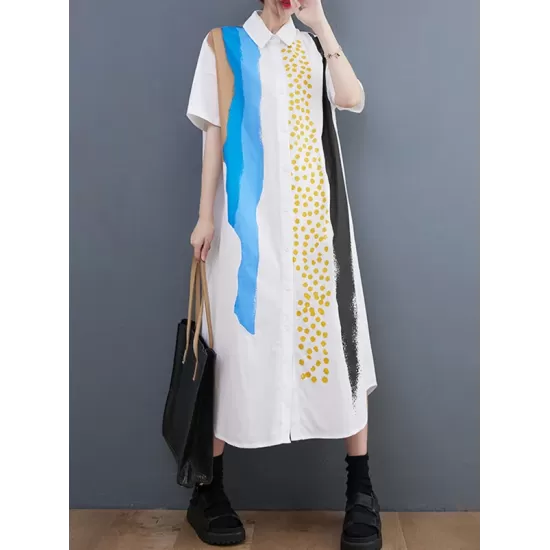 Artistic Retro Short Sleeves Loose Contrast Color Polka-Dot Lapel Collar Midi Shirt Dress Artistic Retro Short Sleeves Loose Contrast Color Polka-Dot Lapel Collar Midi Shirt Dress