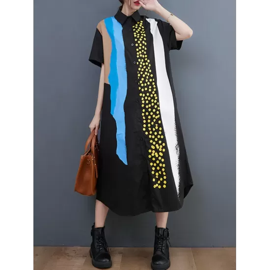 Artistic Retro Short Sleeves Loose Contrast Color Polka-Dot Lapel Collar Midi Shirt Dress Artistic Retro Short Sleeves Loose Contrast Color Polka-Dot Lapel Collar Midi Shirt Dress