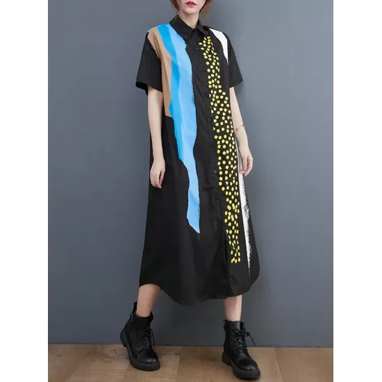 Artistic Retro Short Sleeves Loose Contrast Color Polka-Dot Lapel Collar Midi Shirt Dress Artistic Retro Short Sleeves Loose Contrast Color Polka-Dot Lapel Collar Midi Shirt Dress