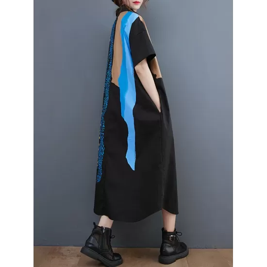 Artistic Retro Short Sleeves Loose Contrast Color Polka-Dot Lapel Collar Midi Shirt Dress Artistic Retro Short Sleeves Loose Contrast Color Polka-Dot Lapel Collar Midi Shirt Dress