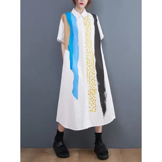Artistic Retro Short Sleeves Loose Contrast Color Polka-Dot Lapel Collar Midi Shirt Dress Artistic Retro Short Sleeves Loose Contrast Color Polka-Dot Lapel Collar Midi Shirt Dress