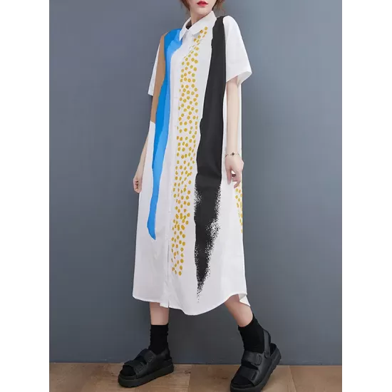 Artistic Retro Short Sleeves Loose Contrast Color Polka-Dot Lapel Collar Midi Shirt Dress Artistic Retro Short Sleeves Loose Contrast Color Polka-Dot Lapel Collar Midi Shirt Dress