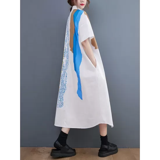 Artistic Retro Short Sleeves Loose Contrast Color Polka-Dot Lapel Collar Midi Shirt Dress Artistic Retro Short Sleeves Loose Contrast Color Polka-Dot Lapel Collar Midi Shirt Dress