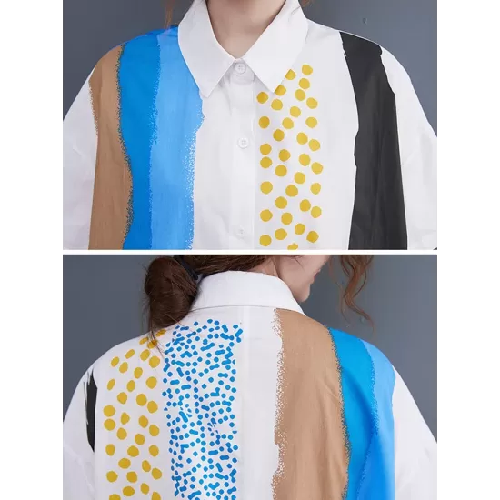 Artistic Retro Short Sleeves Loose Contrast Color Polka-Dot Lapel Collar Midi Shirt Dress Artistic Retro Short Sleeves Loose Contrast Color Polka-Dot Lapel Collar Midi Shirt Dress
