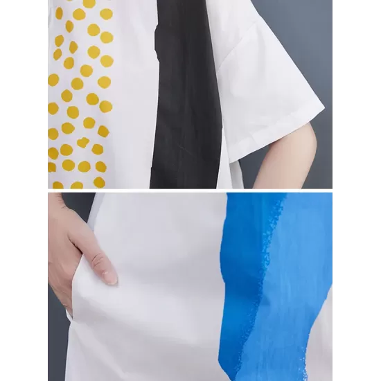 Artistic Retro Short Sleeves Loose Contrast Color Polka-Dot Lapel Collar Midi Shirt Dress Artistic Retro Short Sleeves Loose Contrast Color Polka-Dot Lapel Collar Midi Shirt Dress