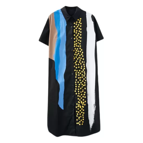 Artistic Retro Short Sleeves Loose Contrast Color Polka-Dot Lapel Collar Midi Shirt Dress Artistic Retro Short Sleeves Loose Contrast Color Polka-Dot Lapel Collar Midi Shirt Dress