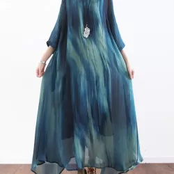 Artistic Retro 2 Pieces Printed Round-Neck Loose Maxi Dress
