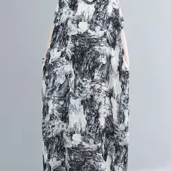 Ethnic Printed Vintage Plus Size V-Neck Loose Casual Dress