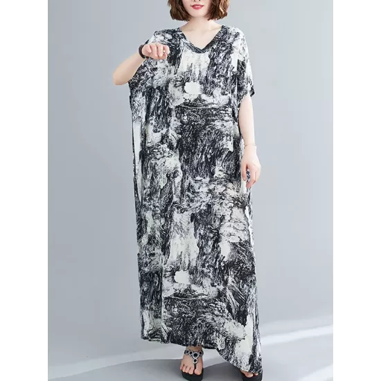 Ethnic Printed Vintage Plus Size V-Neck Loose Casual Dress Ethnic Printed Vintage Plus Size V-Neck Loose Casual Dress