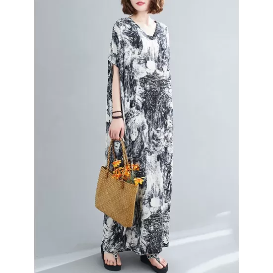 Ethnic Printed Vintage Plus Size V-Neck Loose Casual Dress Ethnic Printed Vintage Plus Size V-Neck Loose Casual Dress
